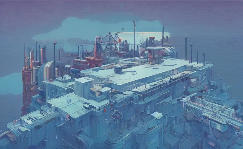 Image similar to ship building factory in clouds, moebius, james gilleard, print, game art