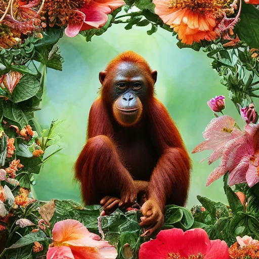 Prompt: portrait of an orang - utan surrounded by hummingbirds and fine floral ornaments, eye - level medium - angle shot, intricate, floral background, by esao andrews, by m. w. kaluta, by yoshita amano, intricate, symmetrical, natural lighting, smooth, 3 d octane render, depth perception, 4 k,, artstation