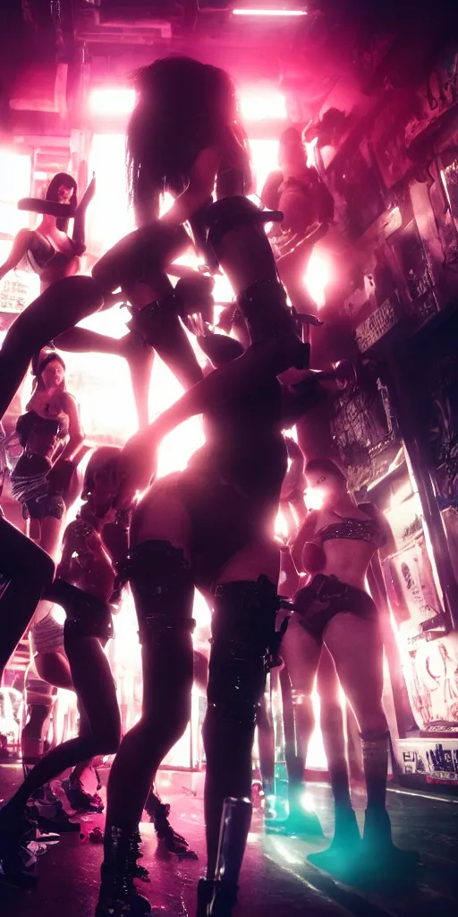 Prompt: epic highly detailed photo portrait of gang girl fight in cyberpunk night adult club, 3 5 mm, guns blasting, low angle, blade runner, akira, cinematic angle, cinematic lighting, reflections, action, battle
