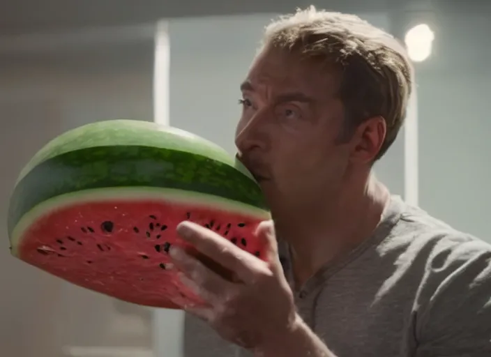 Image similar to film still of a man with a watermelon for a head in the new scifi movie, 4 k