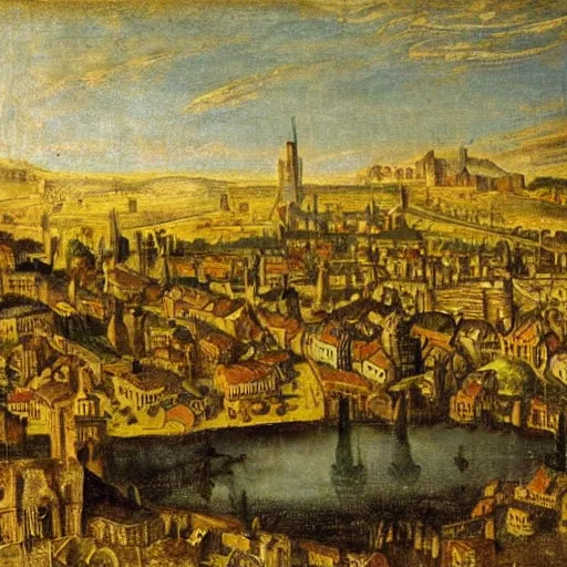 Prompt: beautiful medieval landscape, golden hours, little dirty city seen from afar in the style of Arent Arentsz (1585–1631), Dutch landscape painter