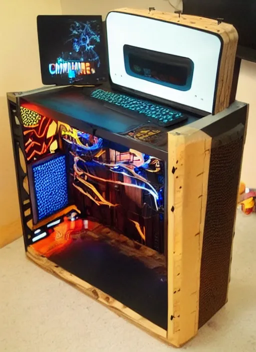 Prompt: a gaming computer made out of wood pallet