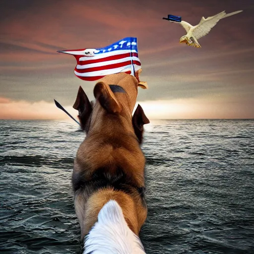 Image similar to a dog with a trident riding a bald eagle, patriotic, photorealistic, realistic photo, sharp focus, high detail