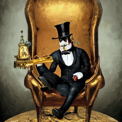 Image similar to oil painting of grumpy rich steampunk penguin sitting on fancy chair, wearing top hat, holding gold, sharp focus, fantasy style, steampunk factory background, steampunk atmosphere, factory background, factory atmosphere, , octane render, volumetric lighting, 8k high definition, by greg rutkowski, highly detailed, trending on art Station, centered