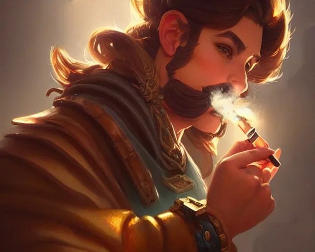 Image similar to mario smoking, fantasy, intricate, elegant, highly detailed, digital painting, artstation, concept art, matte, sharp focus, illustration, hearthstone, art by Artgerm and Greg Rutkowski and Alphonse Mucha