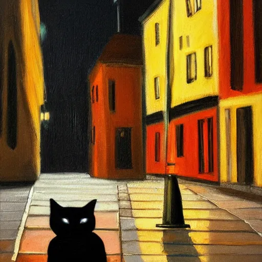 Prompt: oil painting of a black cat walking down a street at night, wide angle, tall buildings