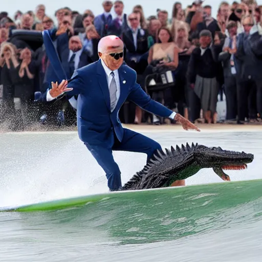 Image similar to joe biden surfing on a crocodile