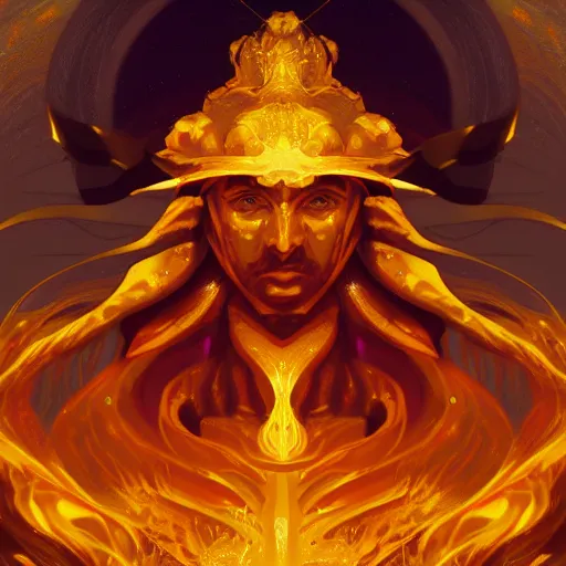 Image similar to a god made of golden fire, concept art, digital illustration