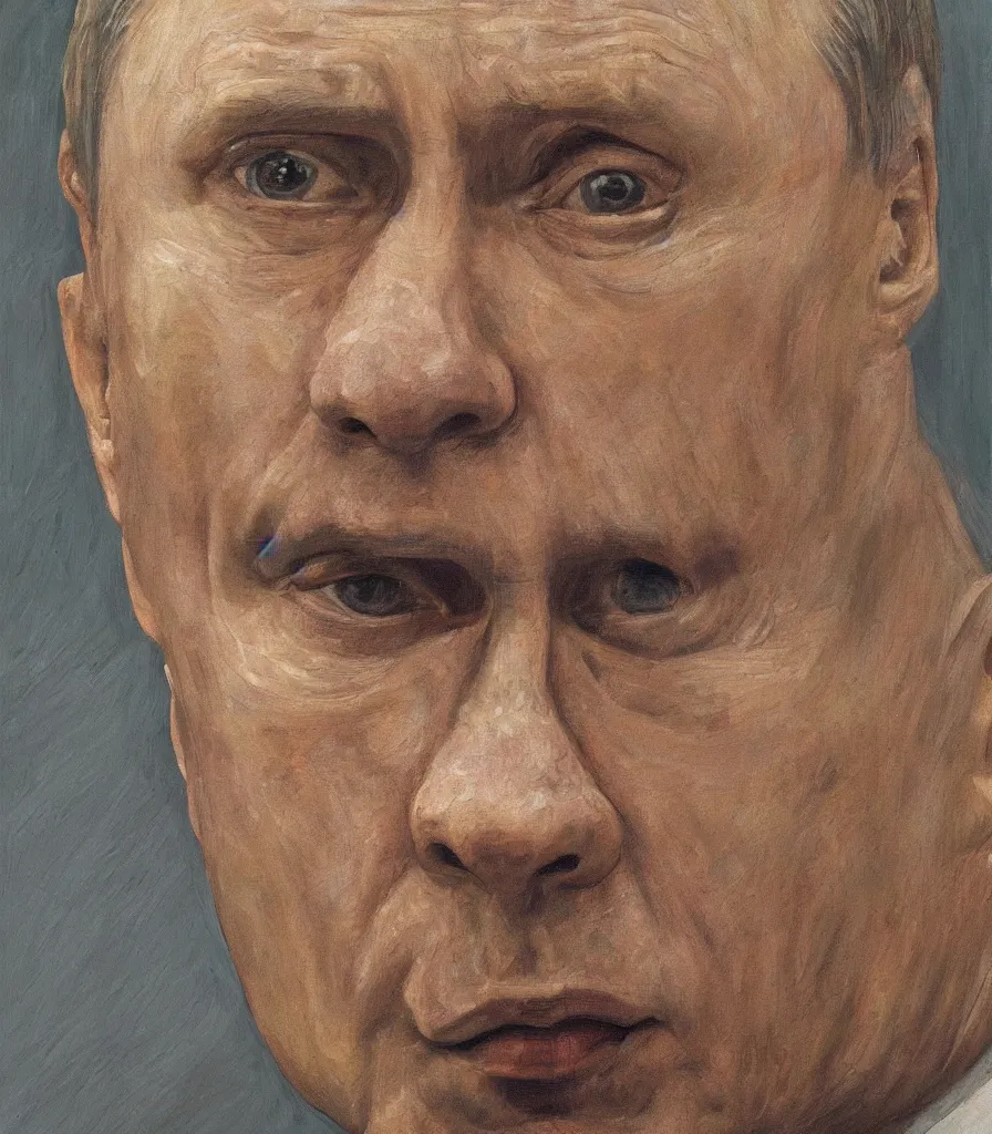 Prompt: closeup shot of putin in the style of lucian freud self portrait. oil painting, thick brush strokes.