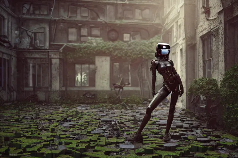 Image similar to Broken cyborg girl with VR helmet on old courtyard with mud and an old playground between two soviet five-storey overgrown with ivy panel houses, high details, cinematic, 8k resolution, beautiful detailed, insanely intricate details, artstation trending, rule of third, octane render, unreal engine