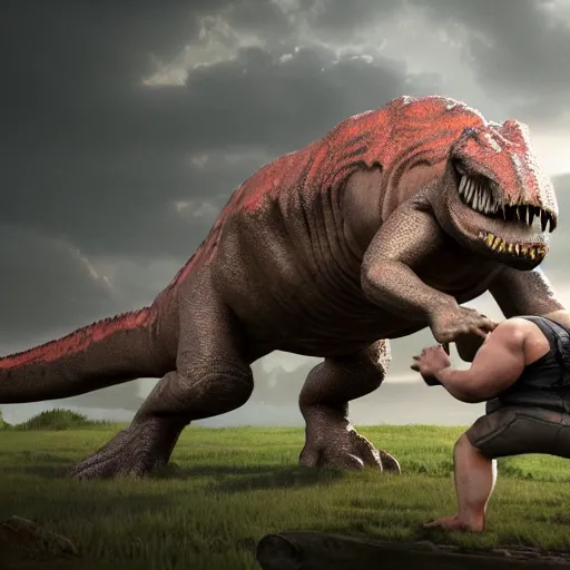 Prompt: andre the giant fighting a dinosaur, concept art, high detail, 8 k, octane render