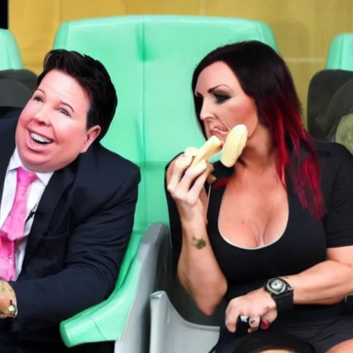 Image similar to Michael Mcintyre sitting next to Jodie Marsh eating ice creams