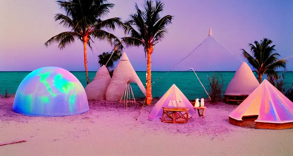 Image similar to a vintage family holiday photo of an empty beach from an alien dreamstate world with chalky pink iridescent!! sand, reflective lavender ocean water, dim bioluminescent plant life and an igloo shaped plastic transparent bell tent surrounded by holiday clutter opposite a fire pit with an iridescence blue flame. refraction, volumetric, light.