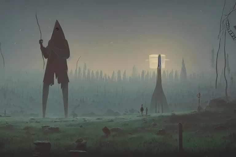 Image similar to a wizard cultist standing in the distance by simon stalenhag,