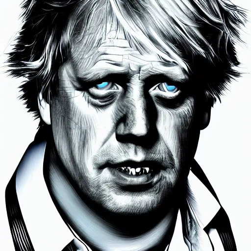 Image similar to dramatic digital drawing of boris johnson as the terminator (1984), one eye is red and glowing, half face skeleton, cinematic lighting