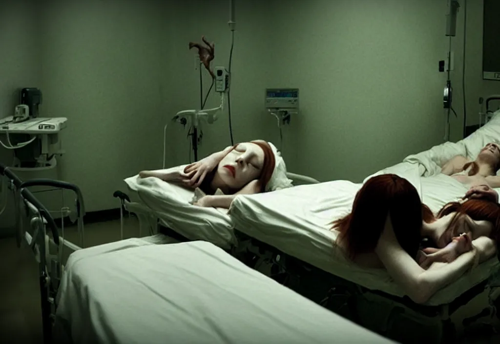 Prompt: beautifully ominous creepy sleep paralysis beside sleeping woman in hospital room. designed by silent hill 3, resident evil, david cronenberg, yasushi nirasawa, hiroya oku, junji ito,