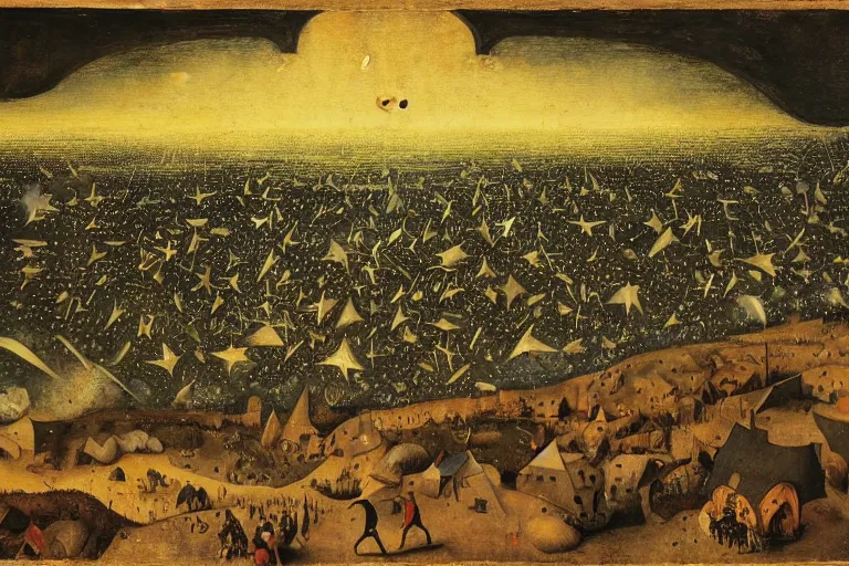 Image similar to a monstrous shooting star that is about to destroy the earth and the whole universe, by pieter bruegel,