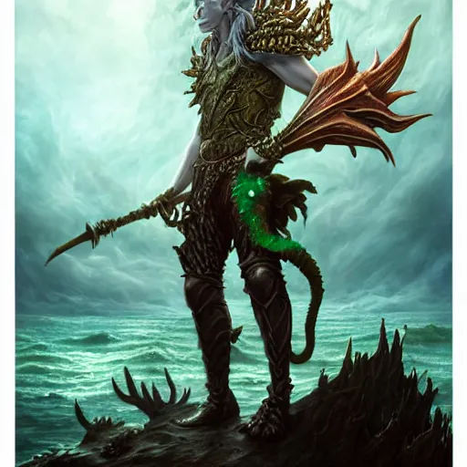 Image similar to a beautiful detailed 3d matte portrait of a male triton with green hair, wearing studded leather armor, wielding a staff with a glowing red crystal, male, dungeons and dragons character, standing beside the ocean, by ellen jewett, by tomasz alen kopera, by Justin Gerard, ominous, magical realism, texture, intricate, skull, skeleton, whirling smoke, alchemist bottles, radiant colors, fantasy, volumetric lighting, high details