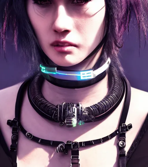 Image similar to detailed realistic cyberpunk female character cyberpunk wearing steel collar around neck, realistic, art, beautiful, 4K, collar, choker, collar around neck, punk, artstation, detailed, female, woman, choker, cyberpunk, neon, punk, collar, choker, collar around neck, thick collar, choker around neck, wearing choker, wearing collar, bright neon punk hair,