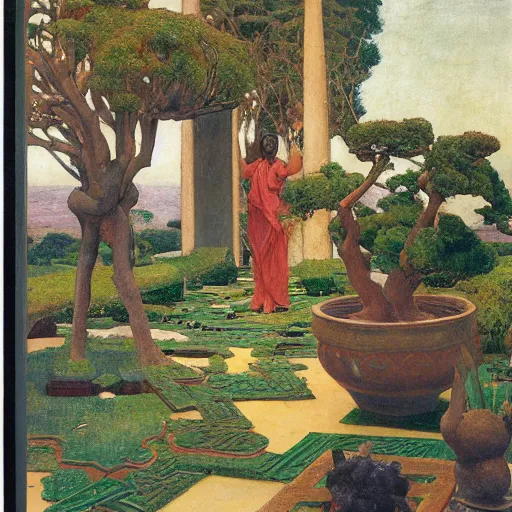 Image similar to Old African gardener cutting bonsai trees, isyllic Garden, by Annie Swynnerton and Nicholas Roerich and jean delville, glowing paper lanterns, strong dramatic cinematic lighting , ornate tiled architecture, lost civilizations, smooth, sharp focus, extremely detailed