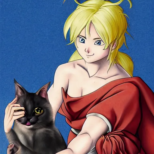 Image similar to mary sue, the most perfect character ever, catgirl, blonde, princess, heterochromia, daughter of goku and jesus christ, drawn by caravaggio