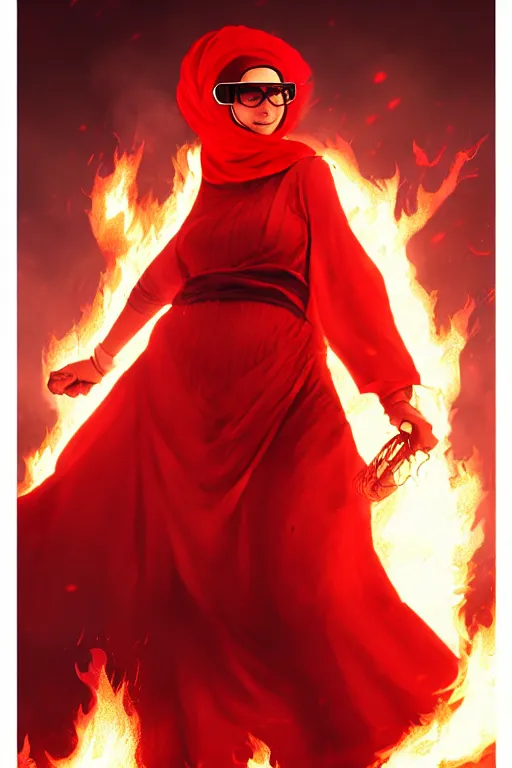 Prompt: character art by ruan jia, young hyderabadi muslim woman wearing red niqab wayfarer glasses and red baseball hat, on fire, fire powers, room filled with wiring and electronics with monitors