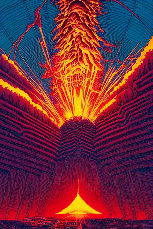 Prompt: artwork by kilian eng and ( dan mumford ) and toshi yoshida and franklin booth showing a gigantic futuristic powerstation!! in front of a ( ( exploding volcano ) ), vintage scifi, high details, dramatic lightning,, 8 k