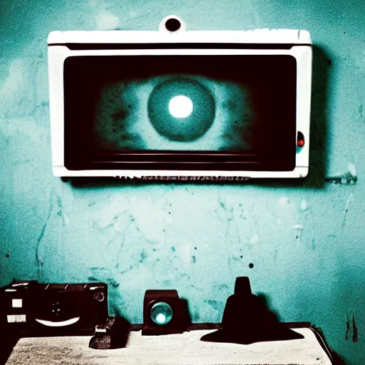 Prompt: small dark concrete room with a tv on the ground, the tv has a pair of eyes on a dark background, creepy, eerie, old polaroid, expired film,