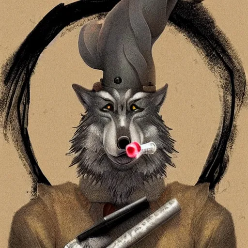 Prompt: A Detailed Award Winning Masterpiece trending on artstation of an Anthropomorphic Wolf smoking a joint,