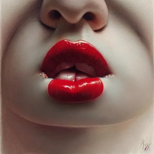 Image similar to “ hyperrealistic portrait of a beautiful woman, pale skin, red lips, tongue licking lips, drenched in honey by mike dargas ”