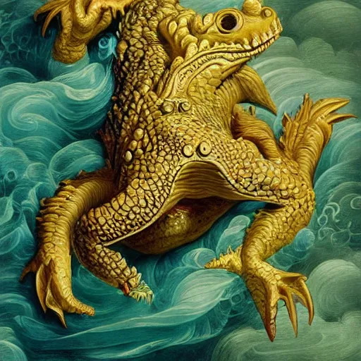 Image similar to baroque style painting, rococo of a crocodile, beautiful portrait, super detailed, super colorful