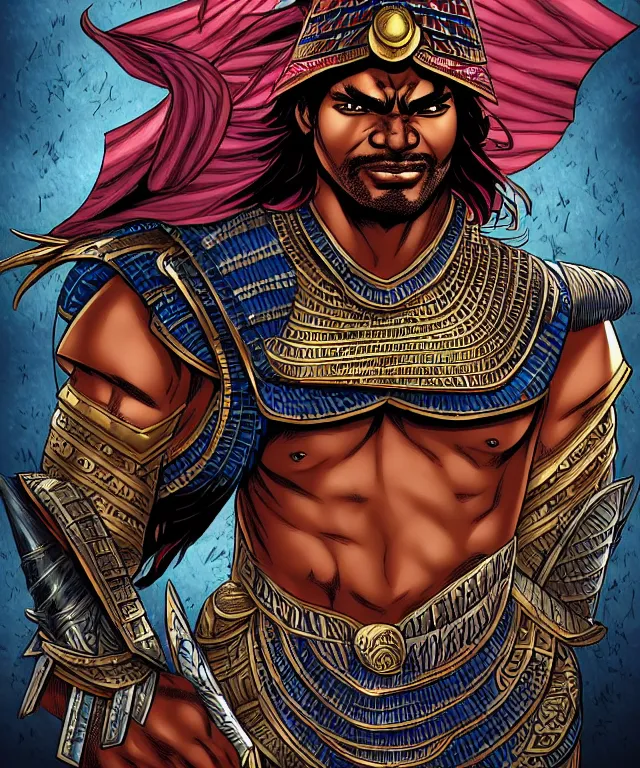 Image similar to a ( fantasy comic ) ( cover art ) portrait of a ( egyptian warrior ) who looks like ( keith david in they live ), digital illustration by tomoyuki yamasaki and sana takeda and kentaro miura, fine inking lines, vivid colors, dnd, photorealistic, hd, 4 k, trending on artstation