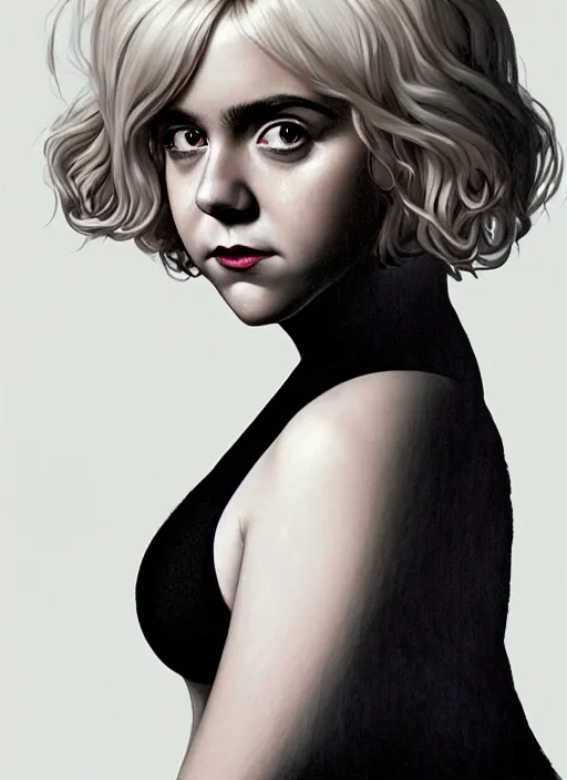 Image similar to full body portrait, kiernan shipka as sabrina spellman, white hair, obese, bangs, sultry, realistic, sultry smirk, fluffy bangs, curly bangs, fat, belly, intricate, elegant, highly detailed, digital painting, artstation, concept art, smooth, sharp focus, illustration, art by wlop, mars ravelo and greg rutkowski