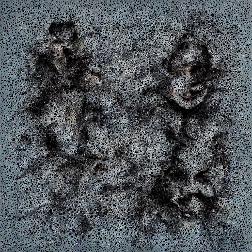 Image similar to camo made of out teeth, smiling, abstract, maya bloch artwork, do hoang tuong artwork, cryptic, dots, stipple, lines, splotch, concrete, color tearing, pitch bending, faceless people, tribal, dark, ominous, eerie, minimal, points, technical, painting