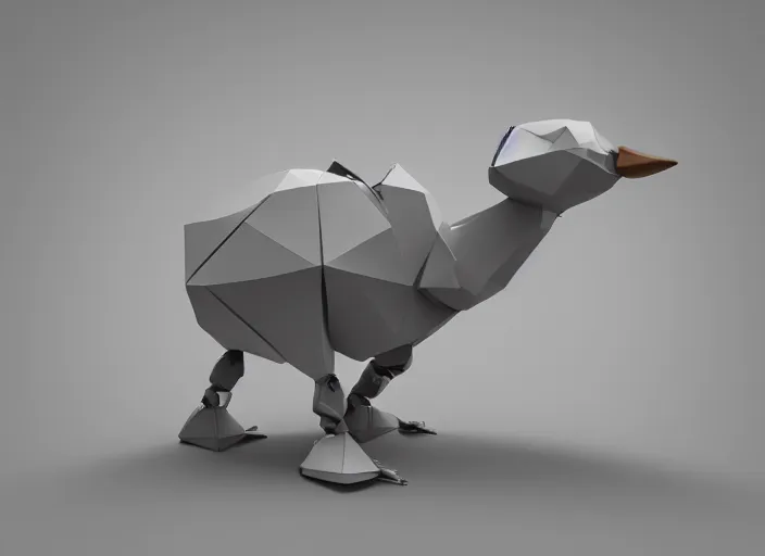 Image similar to Low-poly clay render of a cute robotic Goose saying hi with its wing; trending on artstation, Octane render, Unreal Engine, highly detailed