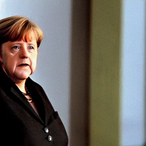 Image similar to angela merkel as neo, starring in the movie the matrix, 1999. Cinematic