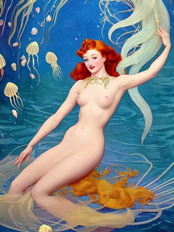 Image similar to Sophie turner as the little mermaid, a beautiful art nouveau portrait by Gil elvgren, beneath the ocean waves glowing jellyfish environment, centered composition, defined features, golden ratio, intricate seashell jewelry that glows