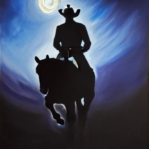 Prompt: a painting of a cowboy riding a horse into the dark horizon, high contrast, black and blue color scheme, dark, creepy, night, far away