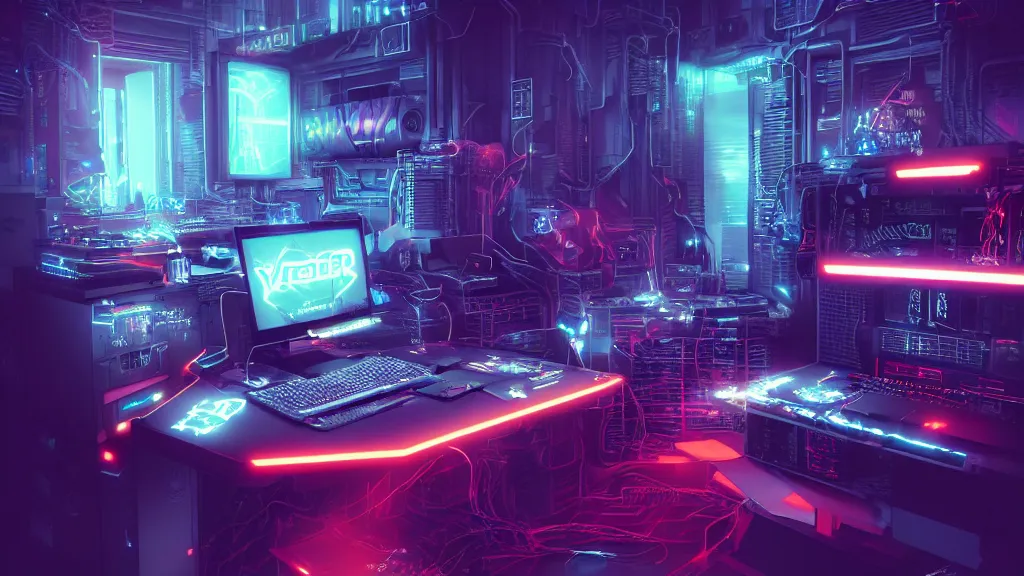 Image similar to a cyberpunk overpowered computer. Overclocking, watercooling, custom computer, cyber, mat black metal, orange neon stripes, alienware, futuristic design, Beautiful dramatic dark moody tones and lighting, Ultra realistic details, cinematic atmosphere, studio lighting, shadows, dark background, dimmed lights, industrial architecture, Octane render, realistic 3D, photorealistic rendering, 8K, 4K, computer setup, intricate details