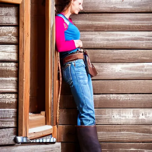 Image similar to cowgirl leaning up against the door frame of saloon with one thumb hooked on belt loop