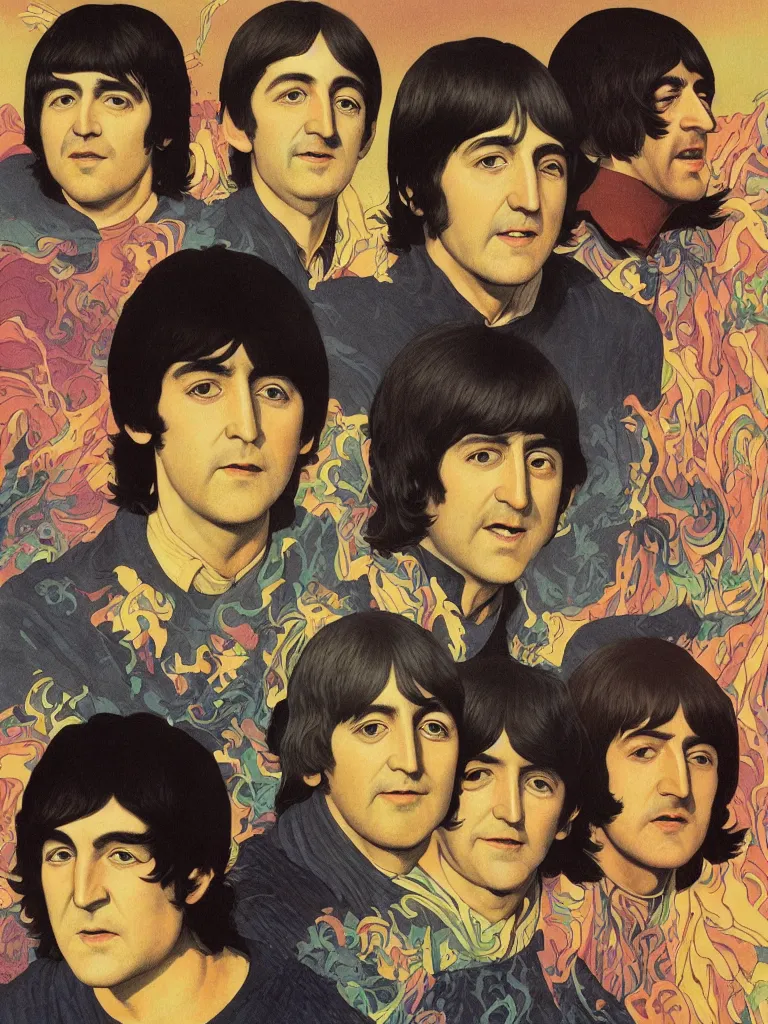 Image similar to an close up of the beatles as a characters from the lord of the rings, taking mind altering drugs, dreaming psychedelic hallucinations in the vast mordor landscape, by kawase hasui, moebius, edward hopper, colorful flat surreal design, dramatic lighting, hd, 8 k, artstation