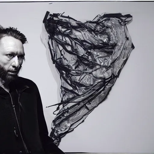 Image similar to Thom Yorke, a man with a beard and a black jacket, a portrait by John E. Berninger, dribble, neo-expressionism, uhd image, studio portrait, 1990s