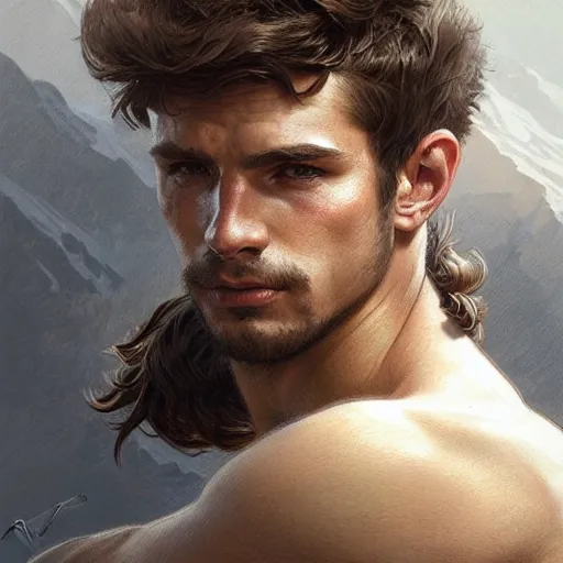 Image similar to portrait of a rugged ranger, handsome, upper body, muscular, 20 years old, D&D, fantasy, intricate, elegant, highly detailed, digital painting, artstation, concept art, matte, sharp focus, illustration, art by Artgerm and Greg Rutkowski and Alphonse Mucha
