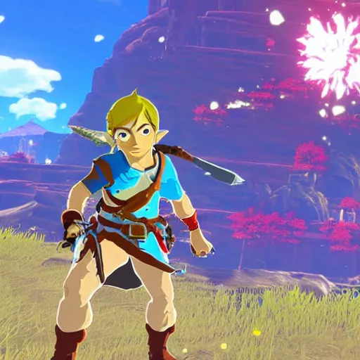 Image similar to a screencap of the legend of zelda breath of the wild, of luffy in breath of the wild