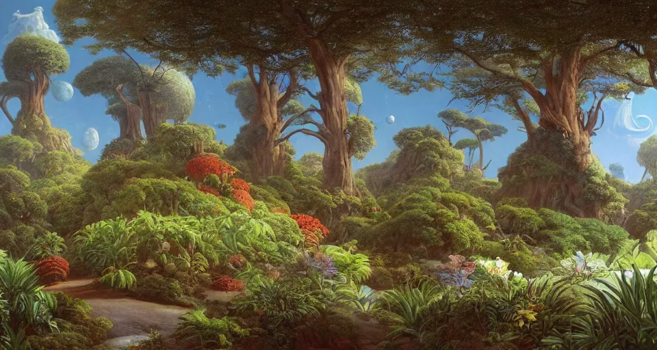 Prompt: a landscape on the moon with many craters, giant woodlouse, a beautiful flowering garden, a lot of exotic vegetations, trees, intricate detaild, pale colors, 8 k, in the style of martin johnson heade and roger dean