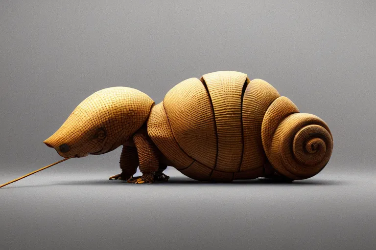 Image similar to an industrial design render of an advanced robotic armadillo curled up behind a snail, industrial, biomimetic, bionic, 3D octane render, 8K, artstation