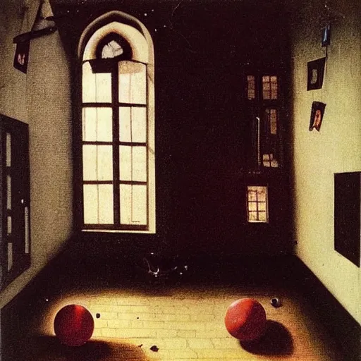 Prompt: dark, gloomy room. on the wooden floor lay red ball. volumetric lighting coming from the broken window. broken photos in frames on walls. chaotic view. creepy feeling. tiny spider hiding in the shadows. hans memling. oil painting.