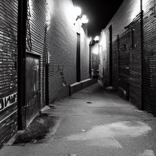 Prompt: a creepy security camera footage of an alleyway in west philadelphia at night