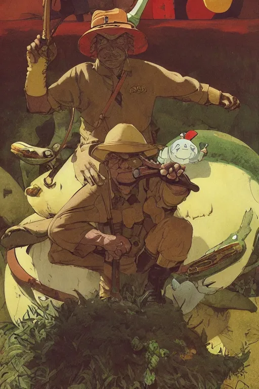 Prompt: full page illustration, a proud hunter wearing a pith hat sitting in front of the big snorlax he killed, by jean giraud, Katsuhiro Otomo, Geof Darrow, Phil hale, Ashley wood, Ilya repin, frank frazetta8k, hd, high resolution