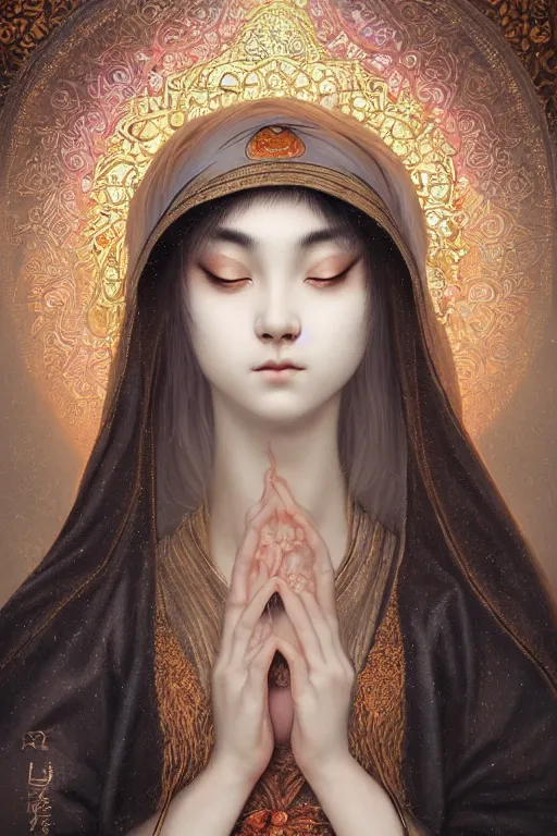 Image similar to ultra realist and ultra intricate detailed soft painting of a beautiful neko kawai nun in religious clothing, thin lustrous hair, symmetry features, sensual gloomy style, soft painting, volumetric clouds, fantasy background, artstation, Tom Bagshaw artstyle, unreal render, depth of field